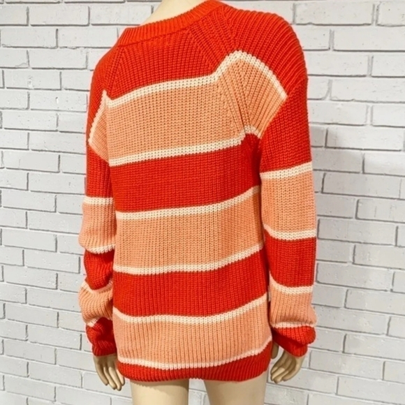 Saks Wythe NY Wide Striped Orange Coral Crew Neck Chunky Cozy Sweater Sz Medium - Picture 5 of 10
